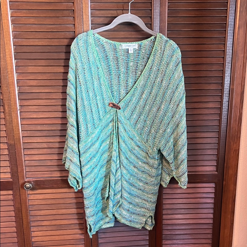 Coldwater Creek Open Knit Sweater in Aqua, Seafoam & Brown